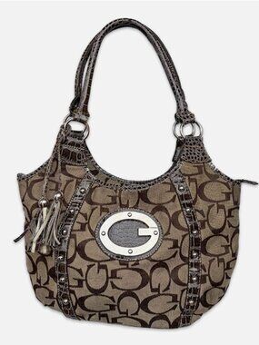 G Monogram Brown Shoulder Purse Bag Vintage Y2k Guess Style Croc-Embossed Trim